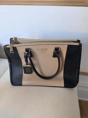 PRADA Beige Black Colorblock Satchel Top Handle Bag Gold Hardware Logo Accent