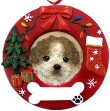 Tan  White Shih Tzu, Puppy Cut Christmas Ornament Wreath Shaped Personalizable