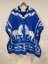 Blue  White Poncho Horse Western Reversible Wool Alpaca Boho Hippie Cowboy Colt