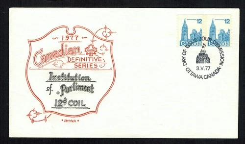 Canada #739, 1977 12¢ Parliament Coil Pair on Artopages cachet FDC, VF