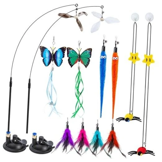 3-in-1 Cat Wand Toys,12Pcs Interactive Cat Feather Toys for Indoor Self Play &