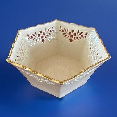 Lenox Hexagon Decorative Small Bowl  Shelburne  Pattern 24k Gold Rim 5.25 x6 x3 