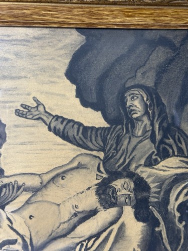 Antique European Charcoal Drawing Virgin Supporting The Dead Christ Signed - Picture 6 of 11