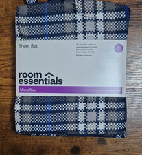 Room Essentials Twin XL Sheet Set Microfiber Blue Gray Plaid Wrinkle Resistant