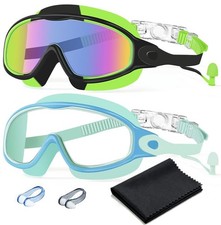Swim Goggles 2 Pack Anti-Fog Anti-UV Wide View No Light Blue  Black Green