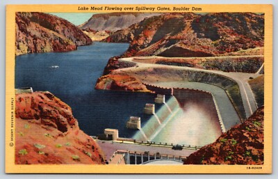 Postcard Lake Mead Flowing Over Spillway Gates, Boulder Dam Unposted