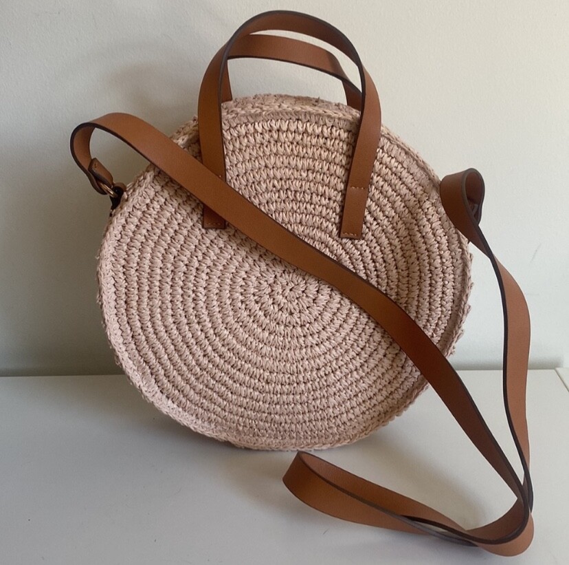 H&M 100% Paper Straw 10” Round Crossbody Bag in Light Pink
