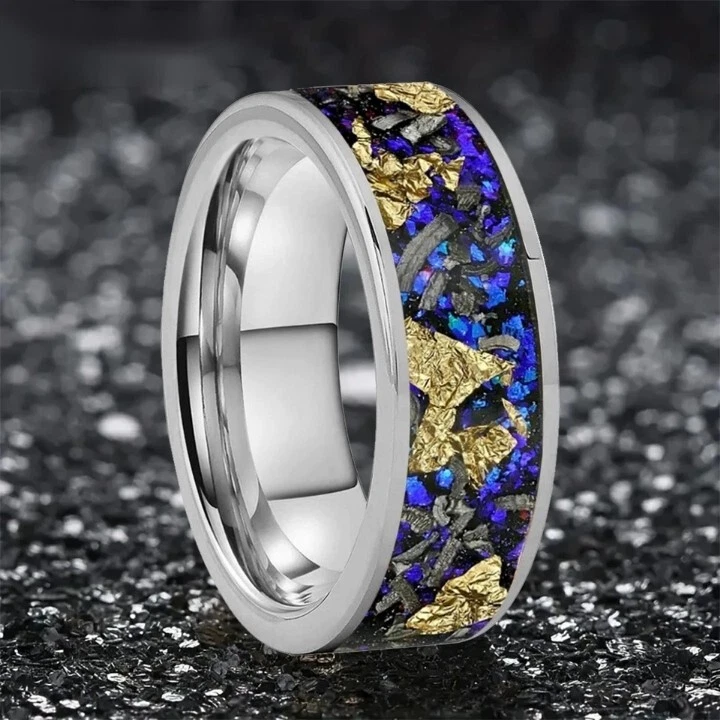 8MM Blue Sandstone Meteorite Gold Leaf Inlay Tungsten Carbide Ring for Men Women - Image 2 of 4