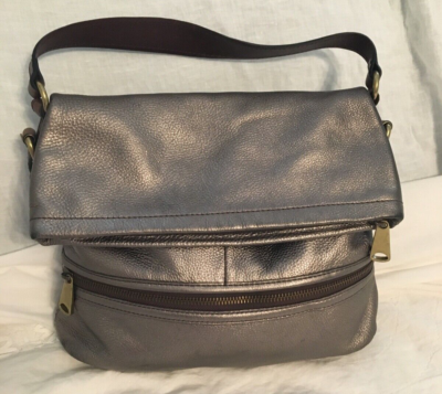 FOSSIL Metallic Pewter EXPLORER Foldover Shoulder Bag Purse-NICE