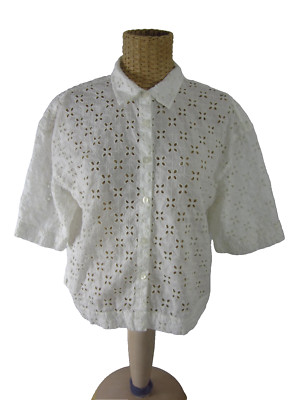 GAP Womens Medium Ivory SS 100% Cotton Eyelet Embroidered Button Crop Shirt