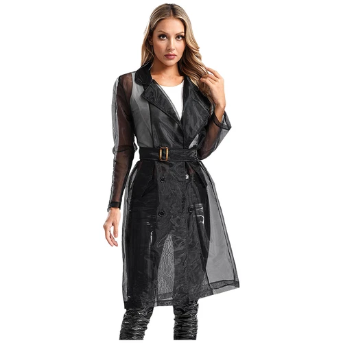 Womens Coat See Through Trench Notch Lapel Jackets Ladies Outerwear Cropped- - Picture 43 of 60