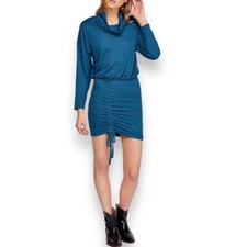 Free People Womens Mini Dress Blue Size S Cowl Neck Ruched Drawstring Bodycon