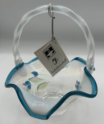 Fenton Hand Painted Glass Basket Ruffled Edge Twisted Handle S. Hughes #2777 3G