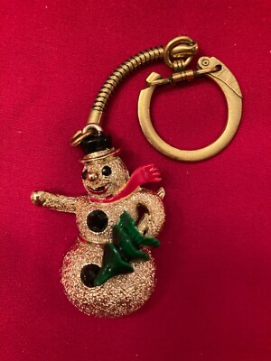 Vintage Christmas Frosty The Snowman Key Chain/Ring Gold Enamel Gemstone Buttons