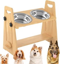 NEW-Elevated Adjustable Wooden Dog Bowls Stand with Stainless Steel Dog Bowls