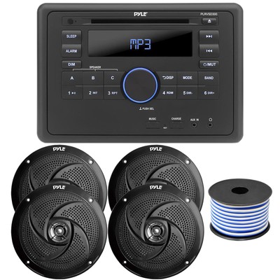 Pyle PLRVSD300 1-Din Amp Receiver + Remote, 4x 8'' 320W Speakers (Black) + Wire