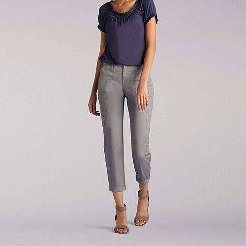 Lee Relaxed Fit Crop Capri Pants Womens 12 Frost Grey Cargo Pockets Stretch NEW