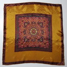Vintage Silk Like Scarf GOLD PAISLEY MEDALIA Hand Rolled 19" SQUARE