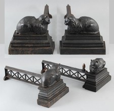RARE Pair Antique Cast Iron Sleeping Cat Fireplace Andirons Chenet Firedogs 