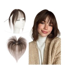 Clip in Bangs Real Human Hair Dark Brown Wispy Fringe 360 Hand-Tied Lace Base