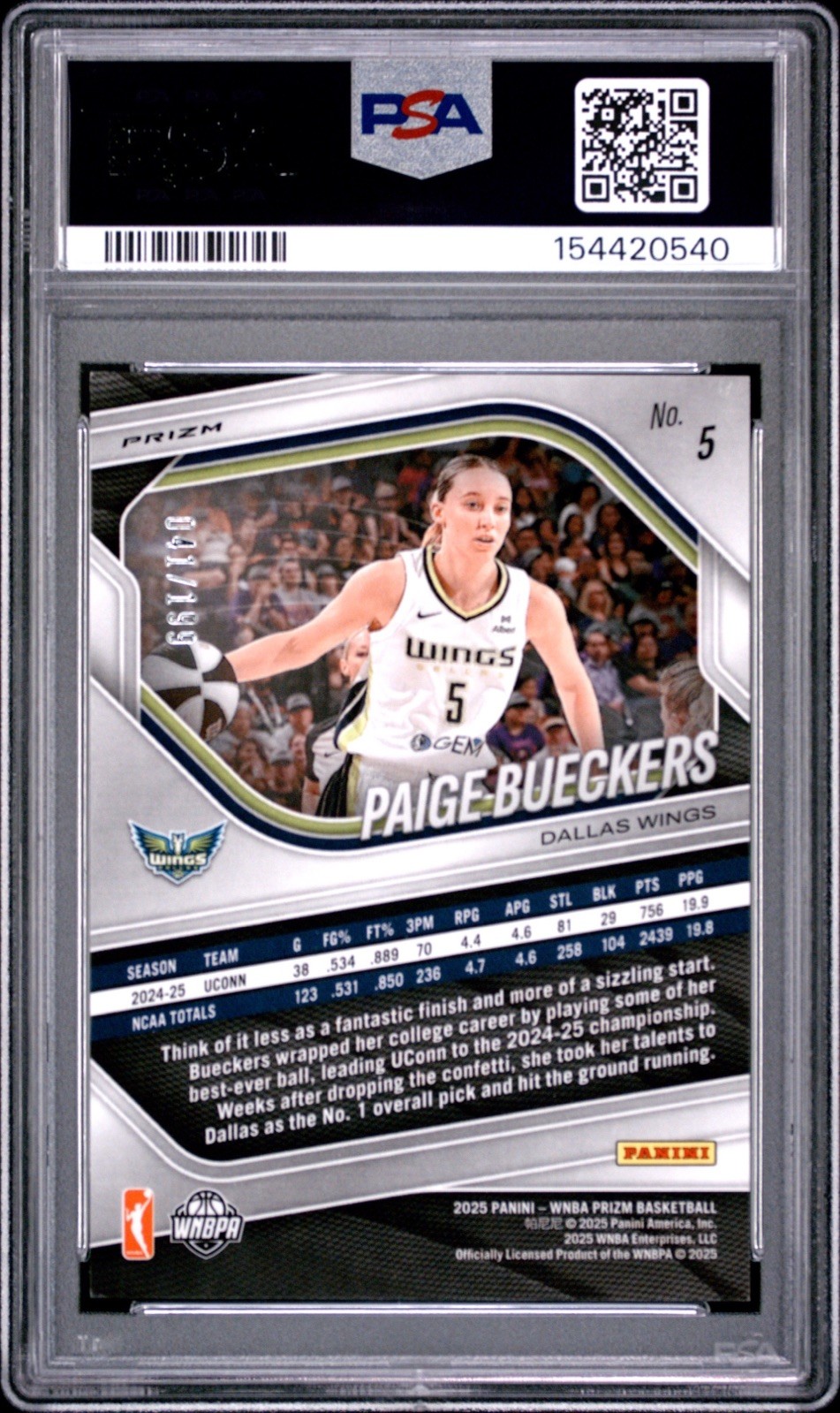 2025 Panini WNBA Prizm Paige Bueckers RC Red Pandora Rookie #/199 Wings PSA 9 view 2