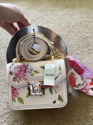 ALDO Ivory Pink Floral Satchel Bag with Scarf Gold Hardware Detachable Strap