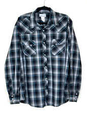 Wrangler Wrancher Pearl Snap Western Shirt Gray Plaid Rodeo Rockabilly Mens XL