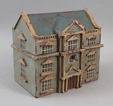 Antique 19thC Folk Art Painted & Carved Wood Tea Caddy Miniature Federal House