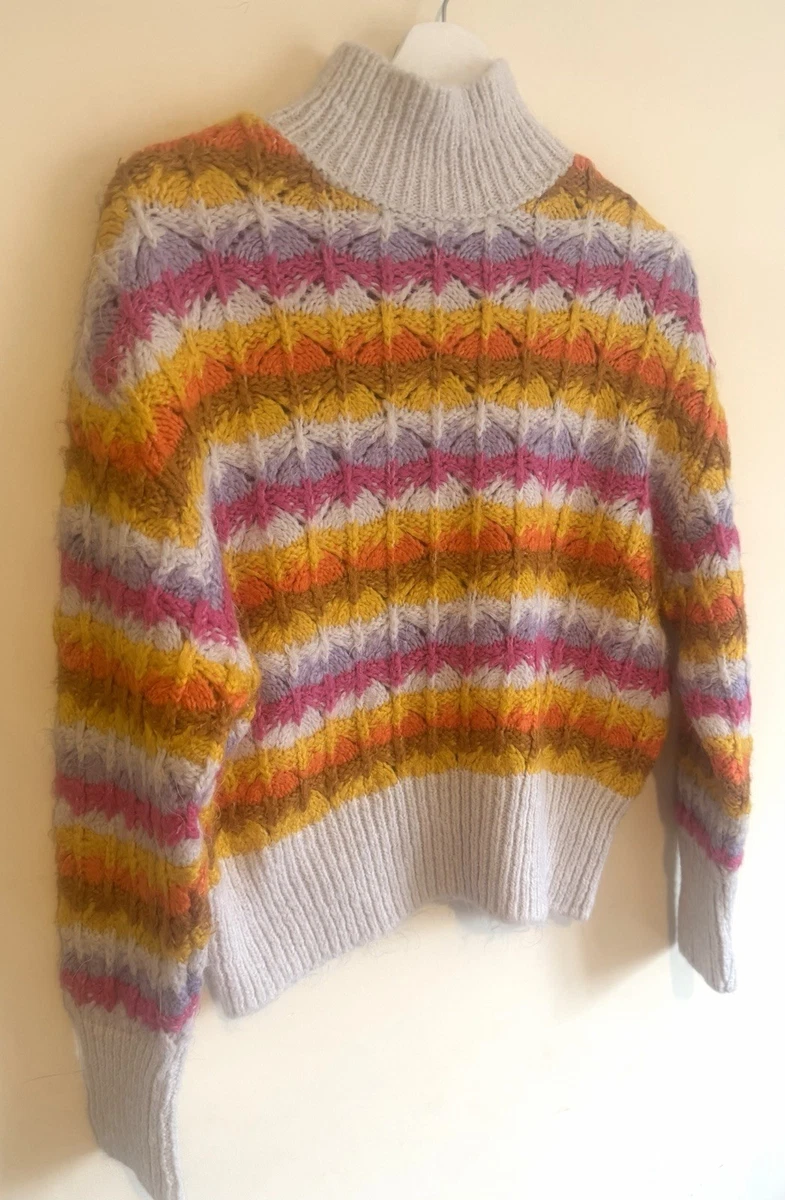 Zara Chunky Rainbow Stripe High Neck Jumper S Oversized Boxy Colourful Knit