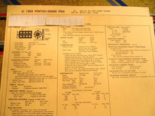 1969 Pontiac Grand Prix. 400-265 HP. Low Comp. Engine Standards/Adjustment Card