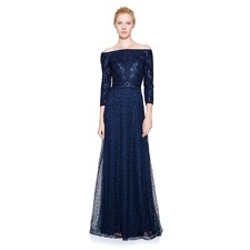 Tadashi Shoji Silana Dress Size 2 Navy Lace Sequins 3/4 Sleeve Formal Evening