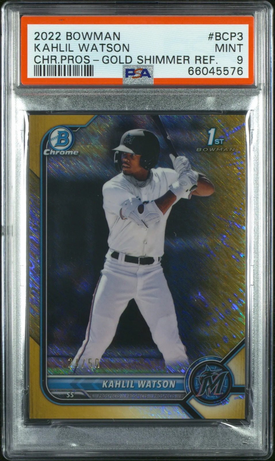 Kahlil Watson 2022 Bowman Chrome #BCP3-Pros Gold Shimmer Ref 24/50 PSA 9