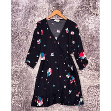 Sezane Dress 40 / US 8 Womens Black Floral Robe Wrap 3/4 Sleeve