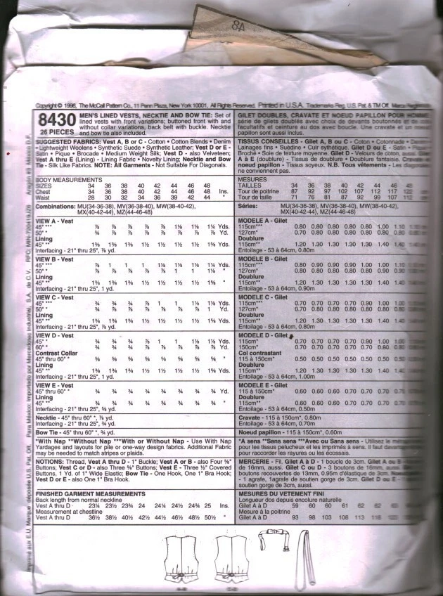 8430 Vintage McCalls Sewing Pattern Mens Lined Vest Necktie Bow Tie 44 46 48 OOP - Image 2 of 2