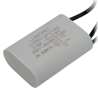 LUMONIC Condensador antiinterferencias 0,4μF 2x2,5nF 250VAC 42x30x14mm -40...+85°C 3 cables de conexión