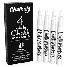 White Chalk Markers Fine Tip 4 Pack 3mm - Wet  Dry Erase Chalk Pens for Bl...