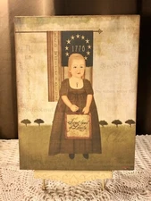 Primitive Folk Art Girl 1776 Flag Patriotic, Handcrafted Plaque / Sign