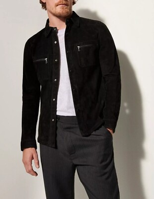 Men's Black Leather Shirt jacket Pure Suede Custom Made Size S M L XL XXL - 230