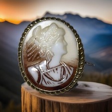 Broche Art Nouveau Moldeado Vidrio Checo Dama Camafeo Ombre Fondo Marrón ¡Brilla!