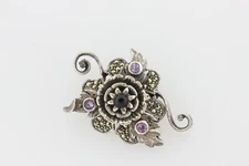Boma Sterling Silver 925 Amethyst Onyx & Marcasite Floral Art Nouveau Brooch Pin