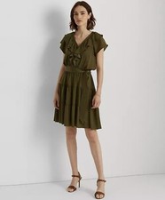 Lauren Ralph Lauren Womens Ruffled Short Satin Mini Dress 8 Olive Green Belted