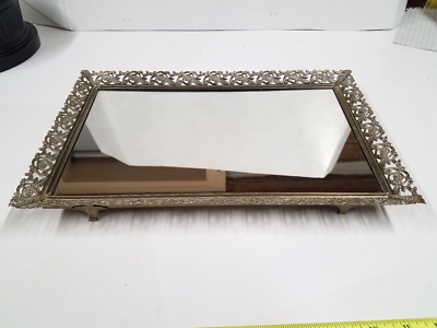 silver perfume tray for dresser Long Vintage Vanity Tray | Heavy Patina Silver Perfume Tray