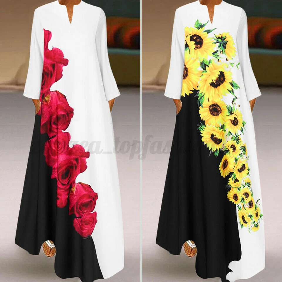 Vestido de festa feminino noite vintage estampa floral Kaftan solto longo maxi camisa vestido - Imagem 4 de 4