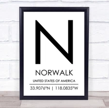 Norwalk United States Of America Coordinates Travel Quote Wall Art Print