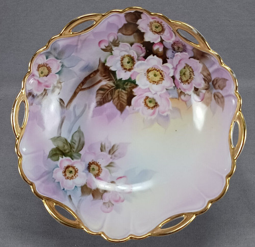 Noritake Hand Painted Purple Wild Roses Gold 8 5/8 Inch Pierced Bowl C.1921-1933