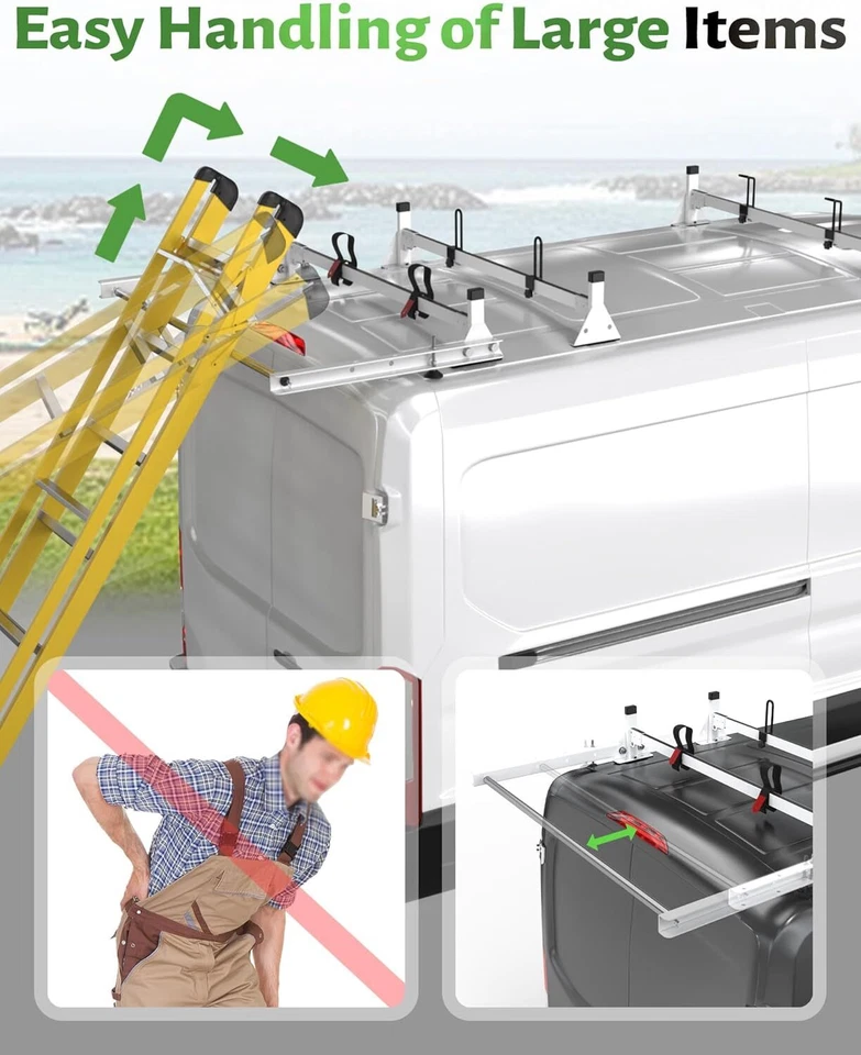 Para Ford Transit 2015-2024 furgoneta de carga 54" escalera 3 barras portaequipajes de techo con rodillo de carga Foto 3 de 4