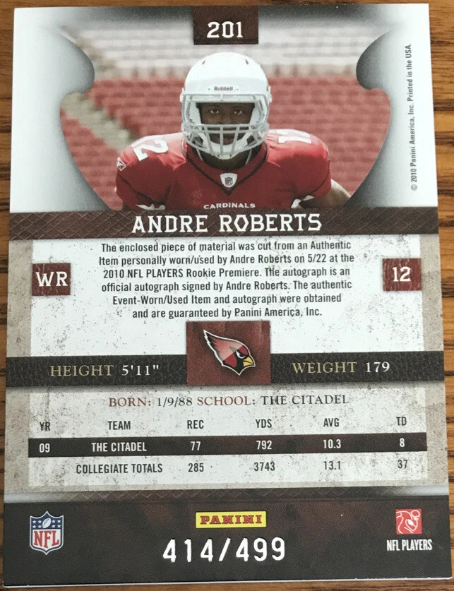 2011 Panini Plates & Patches Rookie Jersey Autograph Andre Roberts #201 - Image 2 of 2
