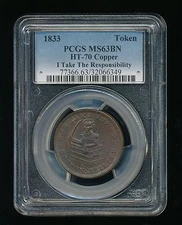 1833 I Take the Responsibility Hard Time Token PCGS MS 63 Brown BN HT-70 Copper