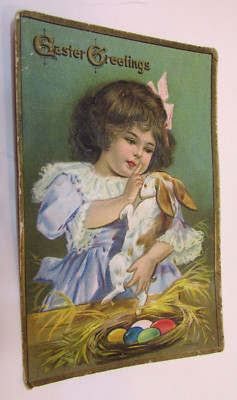 Old 1900's Easter Greetings Postcard Embossed Card Girl Bunny Rabbit Eggs