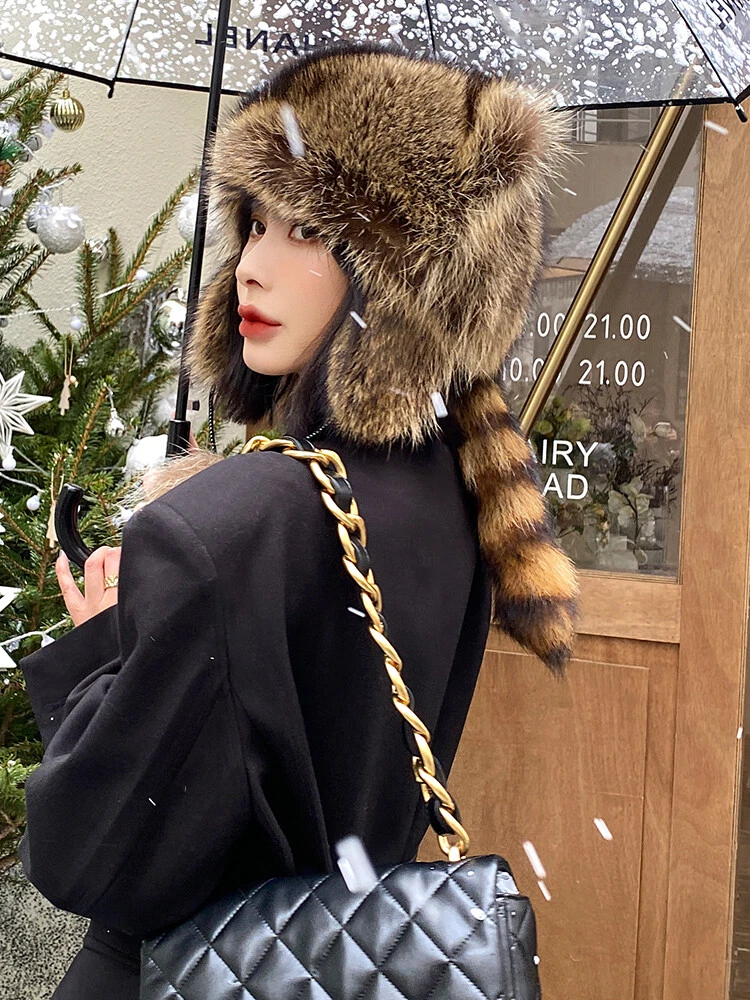 Real Raccoon Fur Hat Russian Aviator Trapper Adult Hunter Hat